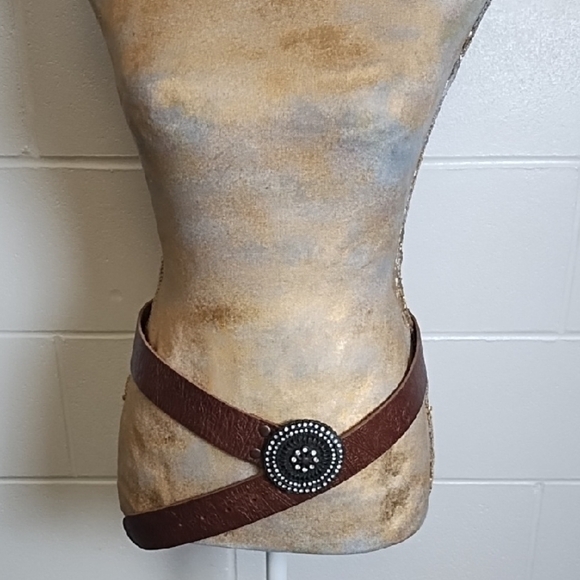 Fossil Accessories - Brown Tooled Leather Belt with Coppery Metal Buckle With Rhinstones